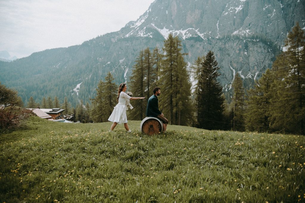 Couple Having Their First Look At Their Elopement Wedding In The Dolomites, Colfosco