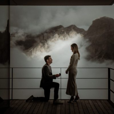 Man Proposing At Piz Boé Alpine Lounge Corvara - Secret Proposal In The Dolomites Restaurant Terrace